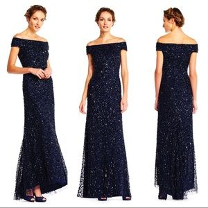 Adrianna Papell off the shoulder navy sequin dress